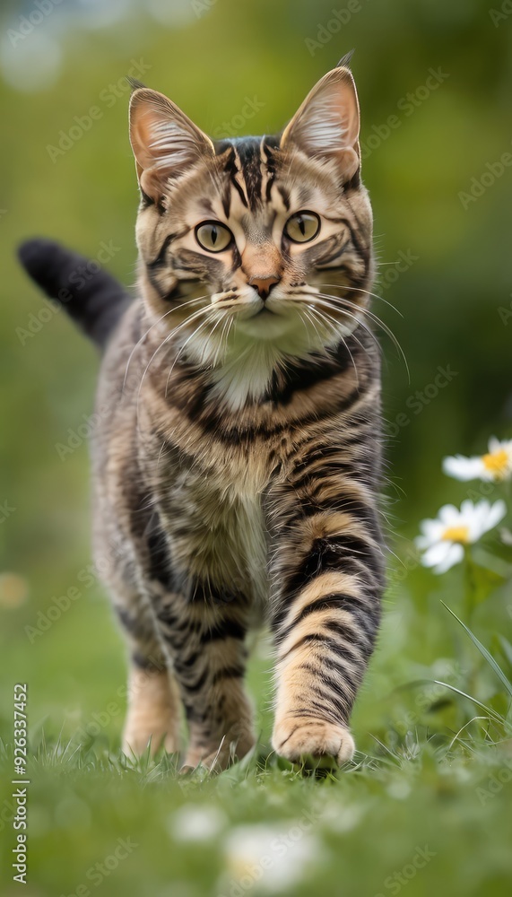 A beautiful tabby American Bobtail cat with striking green eyes sits attentively in a lush garden, surrounded by vibrant greenery, creating a serene and natural setting A beautiful tabby American Bobtail cat with striking green eyes sits attentively in a lush garden, surrounded by vibrant greenery, creating a serene and natural setting