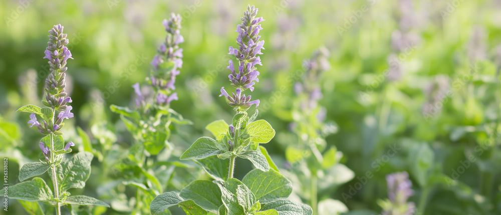 Close-up of Blooming Salvia hispanica (Chia) Plants with Purple Flowers in a Lush Green Field Close-up of Blooming Salvia hispanica (Chia) Plants with Purple Flowers in a Lush Green Field