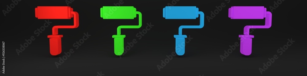Colorful Paint roller brush icon isolated on black background. Minimalism concept. 3D render illustration Colorful Paint roller brush icon isolated on black background. Minimalism concept. 3D render illustration