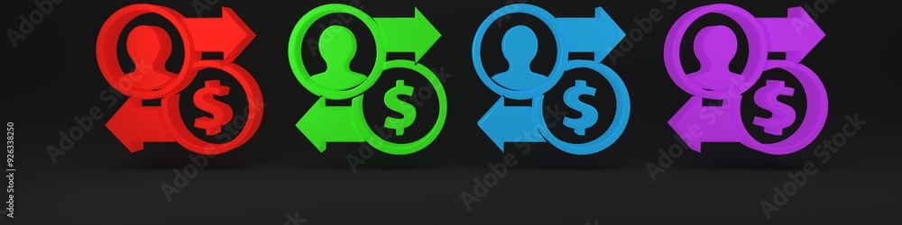 Colorful Job promotion exchange money icon isolated on black background. Success, achievement, motivation business symbol, growth. Minimalism concept. 3D render illustration Colorful Job promotion exchange money icon isolated on black background. Success, achievement, motivation business symbol, growth. Minimalism concept. 3D render illustration