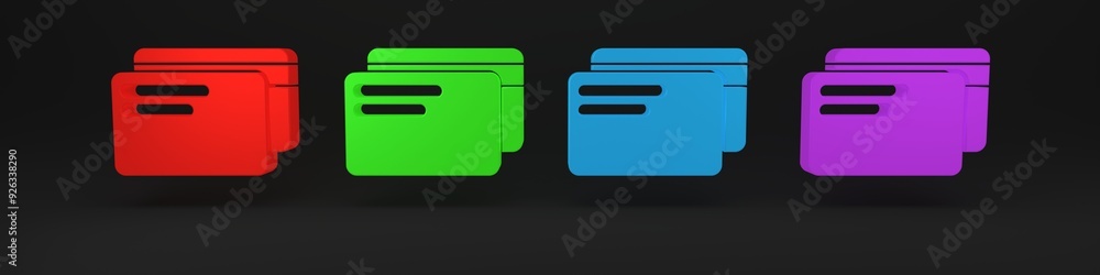 Colorful Credit card icon isolated on black background. Online payment. Cash withdrawal. Financial operations. Shopping sign. Minimalism concept. 3D render illustration Colorful Credit card icon isolated on black background. Online payment. Cash withdrawal. Financial operations. Shopping sign. Minimalism concept. 3D render illustration