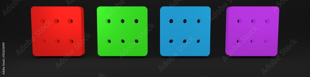 Colorful Game dice icon isolated on black background. Casino gambling. Minimalism concept. 3D render illustration Colorful Game dice icon isolated on black background. Casino gambling. Minimalism concept. 3D render illustration