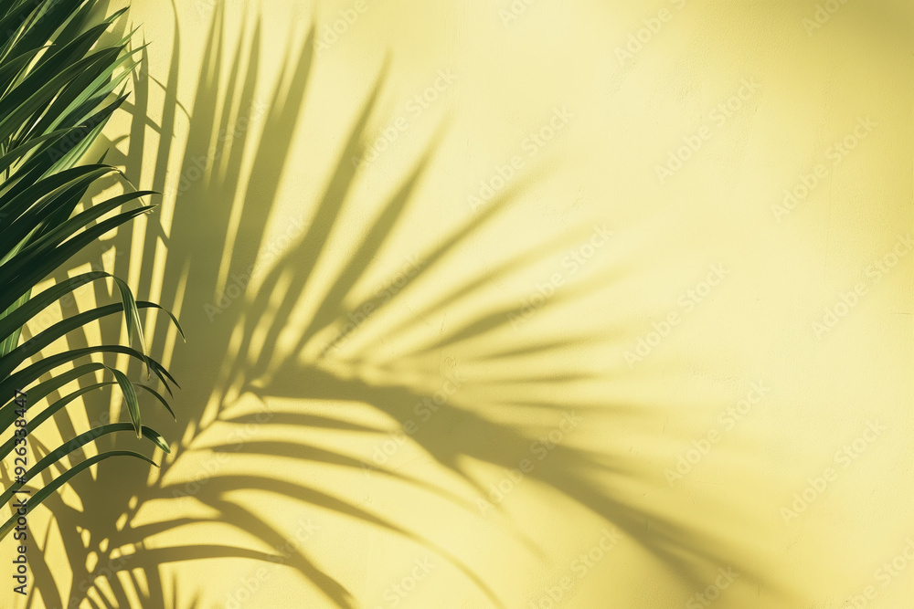 Obraz premium Tropical Palm Leaf Shadow Cast on Yellow Wall Minimalist Nature