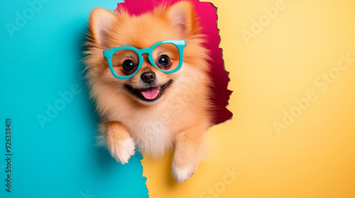 A cute Pomeranian puppy with silly glasses peeks out from a hole in a colorful background, looking happy and playful. --ar 16:9 --v 6.1 Job ID: 22a600ef-db2c-4687-8776-14a5518204f0 photo