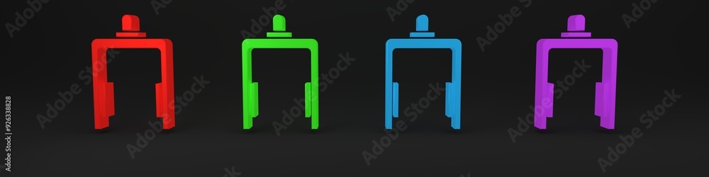 Obraz premium Colorful Metal detector in airport icon isolated on black background. Airport security guard on metal detector check point. Minimalism concept. 3D render illustration