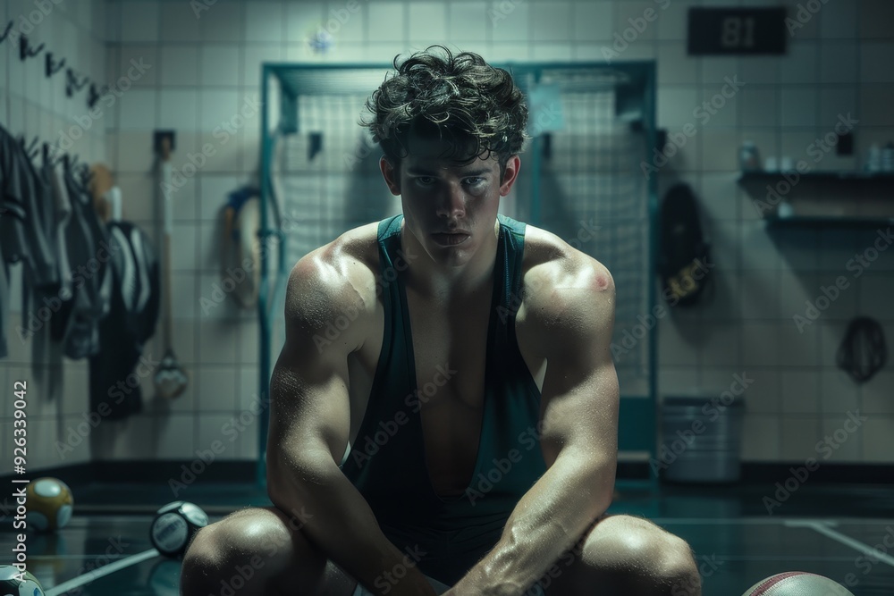 Athlete in Cluttered Locker Room Taking Performance-Enhancing Drugs. Athlete in Cluttered Locker Room Taking Performance-Enhancing Drugs.