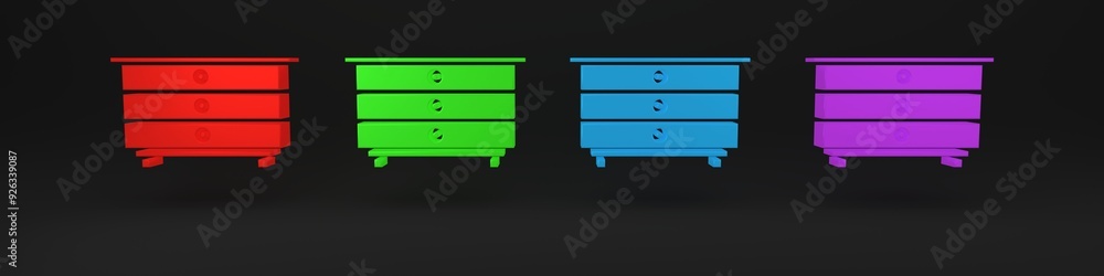 Colorful Chest of drawers icon isolated on black background. Minimalism concept. 3D render illustration Colorful Chest of drawers icon isolated on black background. Minimalism concept. 3D render illustration