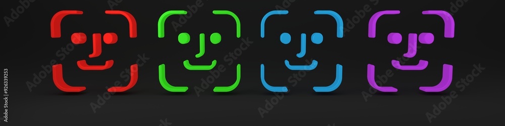 Obraz premium Colorful Face recognition icon isolated on black background. Face identification scanner icon. Facial id. Cyber security concept. Minimalism concept. 3D render illustration