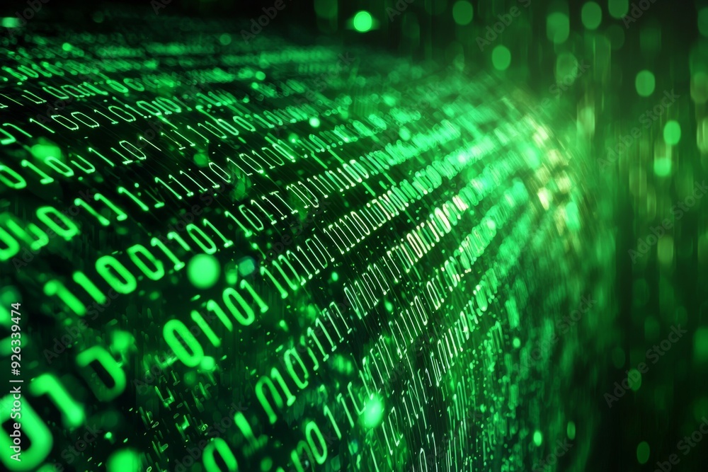 Green Dark Binary Code with Data Streaming Background created with Generative AI Green Dark Binary Code with Data Streaming Background created with Generative AI
