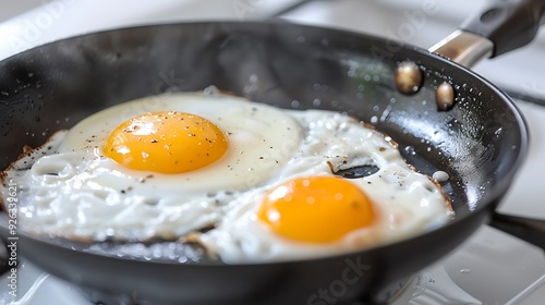 Closeup of couple of eggs frying in a non stick pan on a stove top