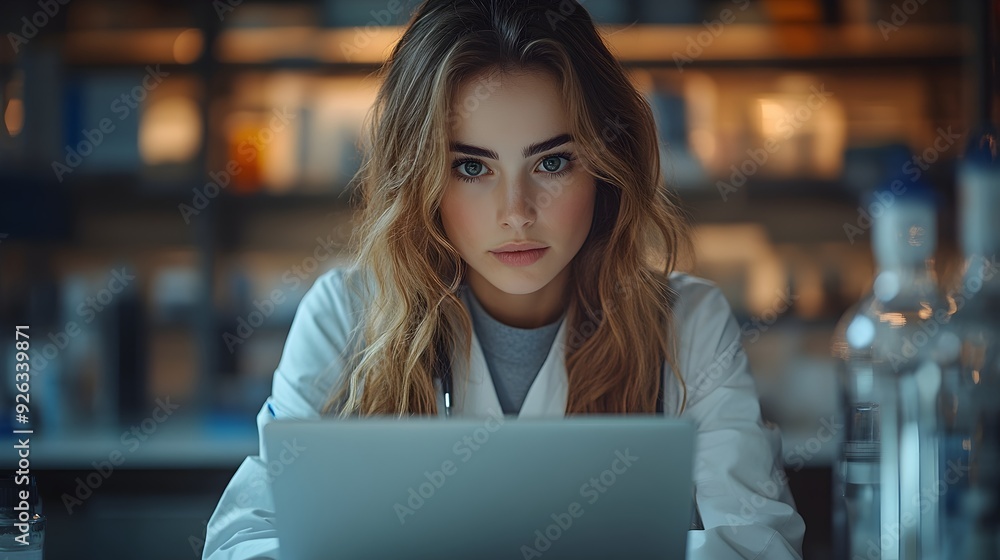 young female doctor reviews patient health reports on laptop while seated in a modern minimalist office. healthcare and medical consulting, digital health records young female doctor reviews patient health reports on laptop while seated in a modern minimalist office. healthcare and medical consulting, digital health records