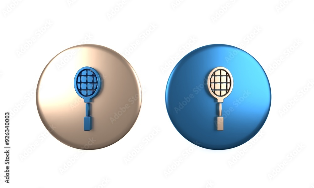Colorful Tennis racket icon isolated on white background. Sport equipment. Circle button. 3D render illustration Colorful Tennis racket icon isolated on white background. Sport equipment. Circle button. 3D render illustration