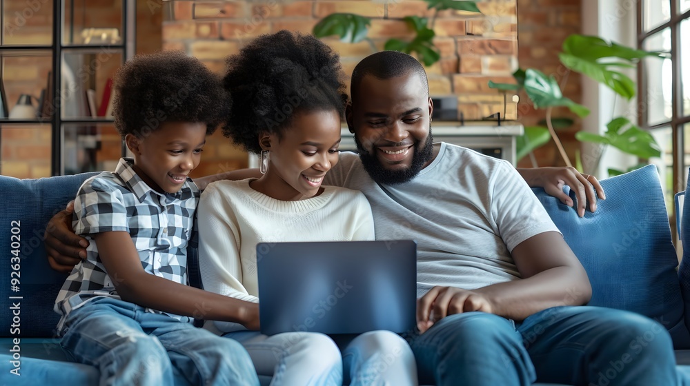 Fototapeta premium African American family working on a laptop while