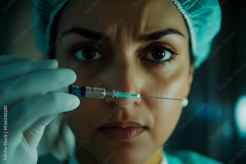 Close-up of a doctor holding a syringe in surgical gloves, with a focused look, symbolizing medical readiness and care Close-up of a doctor holding a syringe in surgical gloves, with a focused look, symbolizing medical readiness and care