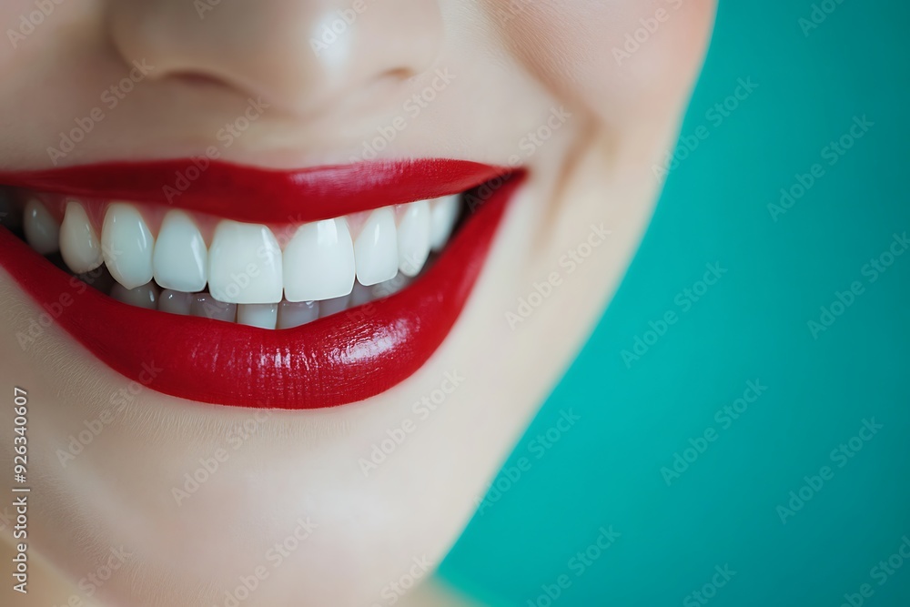 Obraz premium Close-up happy female smile with healthy white teeth, bright magenta lips make-up. Cosmetology, dentistry and beauty care. Macro of woman's smiling mouth. Beautiful smile