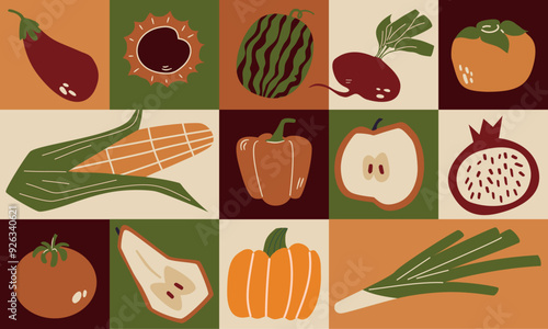 Geometric pattern with vegetables and fruits. Autumn harvest background.
