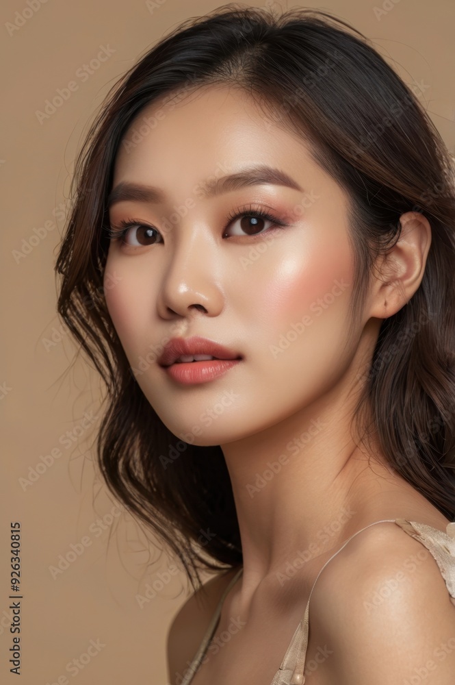 Naklejka premium Close-up portrait of beautiful elegant Asian woman with flawless skin and minimal makeup on beige background, highlighting natural beauty and sophisticated facial expression, skincare concept