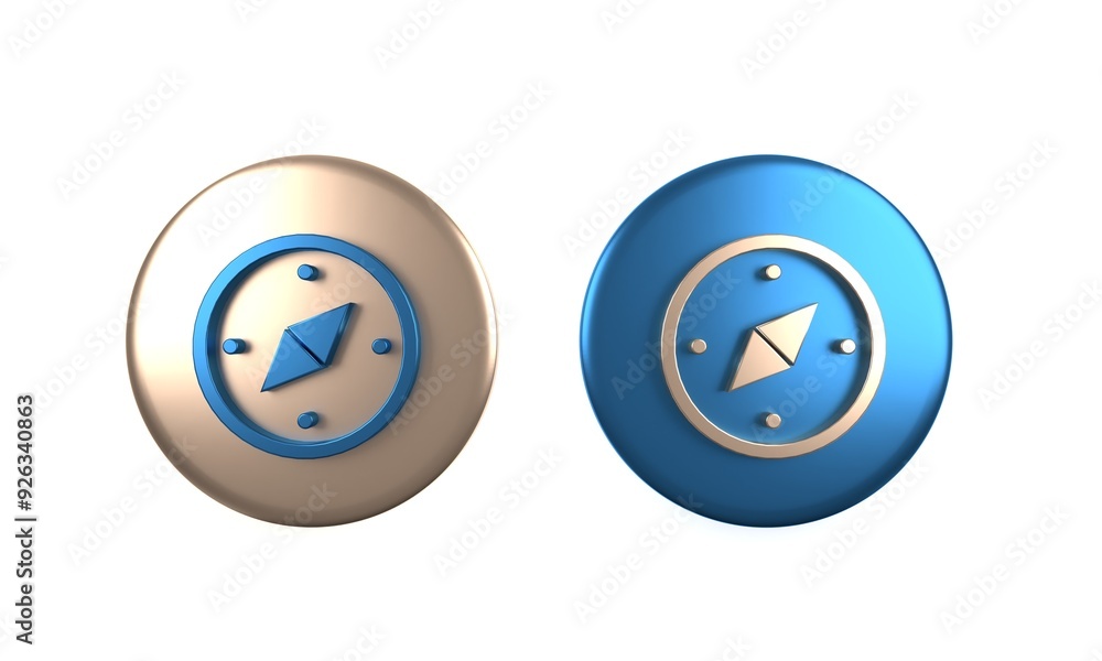 Fototapeta premium Colorful Compass icon isolated on white background. Windrose navigation symbol. Wind rose sign. Circle button. 3D render illustration