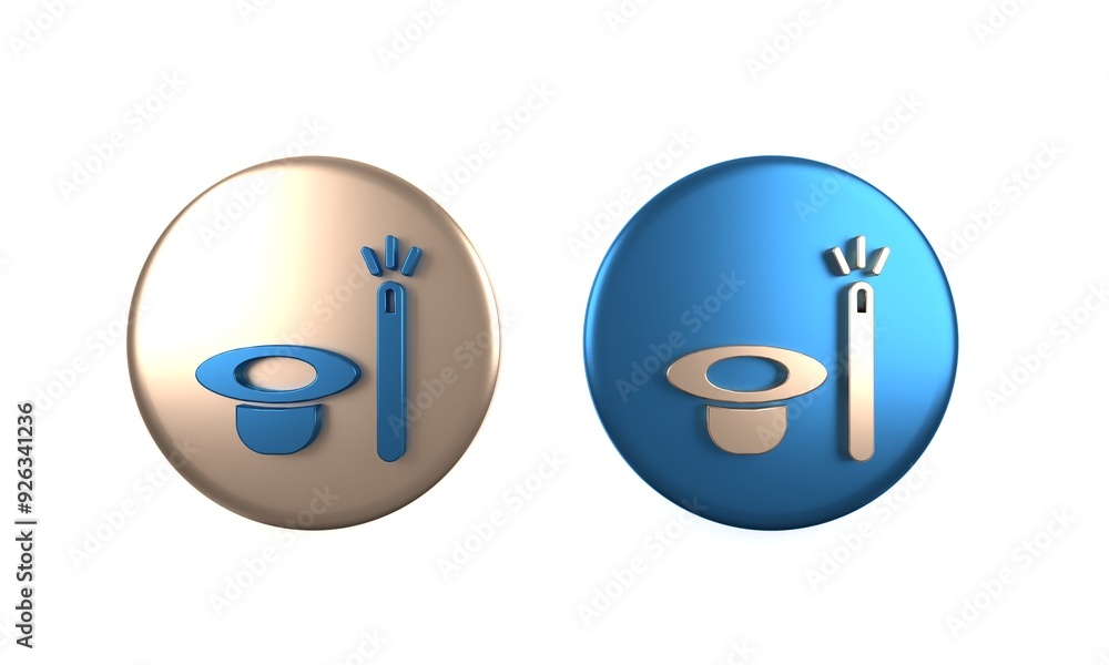 Colorful Magic hat and wand icon isolated on white background. Magic trick. Mystery entertainment concept. Circle button. 3D render illustration Colorful Magic hat and wand icon isolated on white background. Magic trick. Mystery entertainment concept. Circle button. 3D render illustration