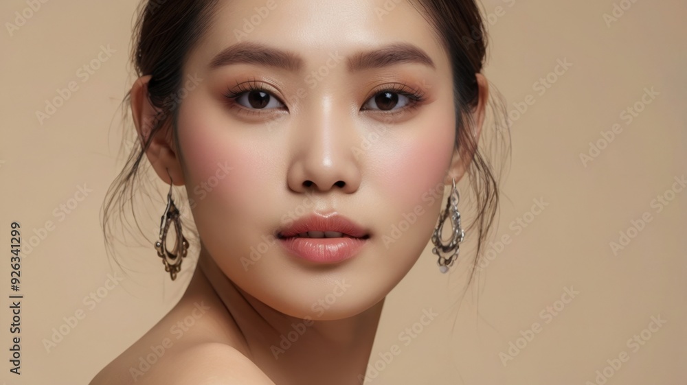 Fototapeta premium Close-up portrait of beautiful elegant Asian woman with flawless skin and minimal makeup on beige background, highlighting natural beauty and sophisticated facial expression, skincare concept