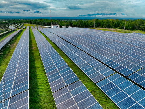 Aerial view of solar farm. Sustainable renewable energy and modern photovoltaic technology for eco-friendly electricity production. Solar power station. Green energy solutions. Solar panel technology. photo