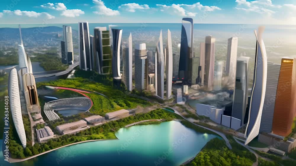 video of vibrant futuristic city with tall, sleek skyscrapers and green ...