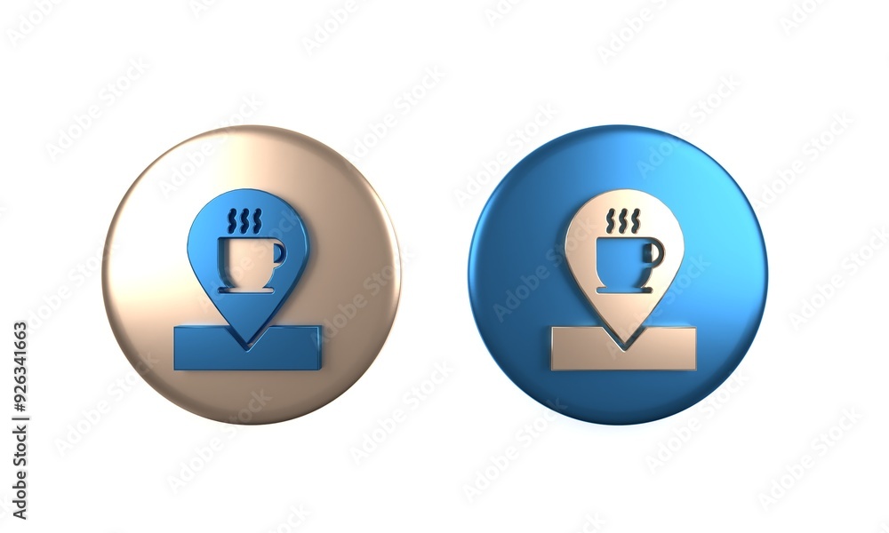Colorful Location with coffee cup icon isolated on white background. Circle button. 3D render illustration Colorful Location with coffee cup icon isolated on white background. Circle button. 3D render illustration