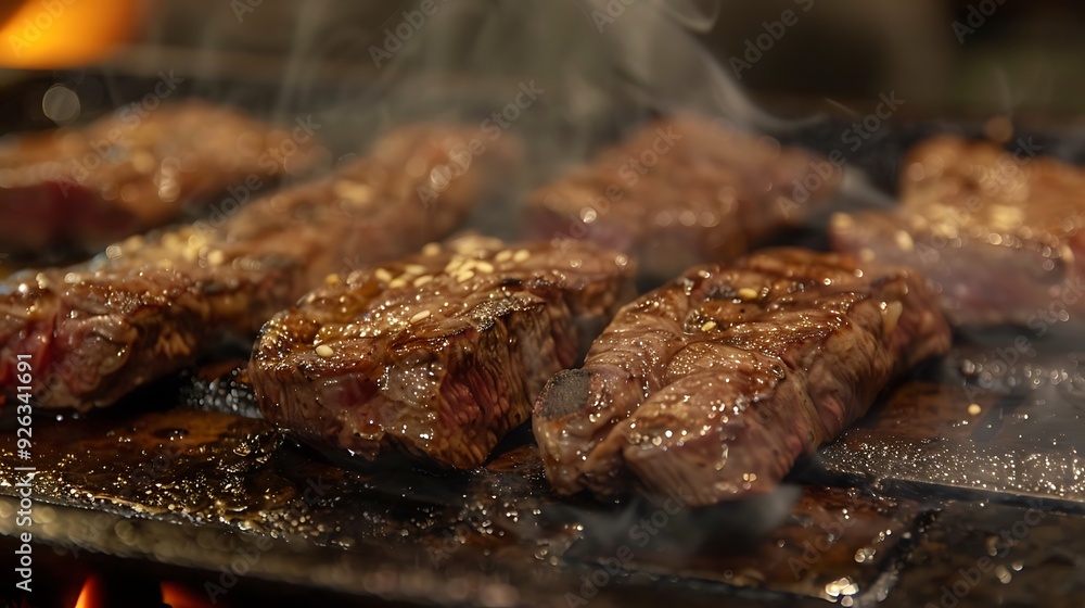 Closeup of steaks cooking on a bbq Closeup of steaks cooking on a bbq