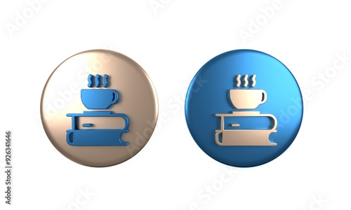 Colorful Coffee cup and book icon isolated on white background. Tea cup. Hot drink coffee. Circle button. 3D render illustration