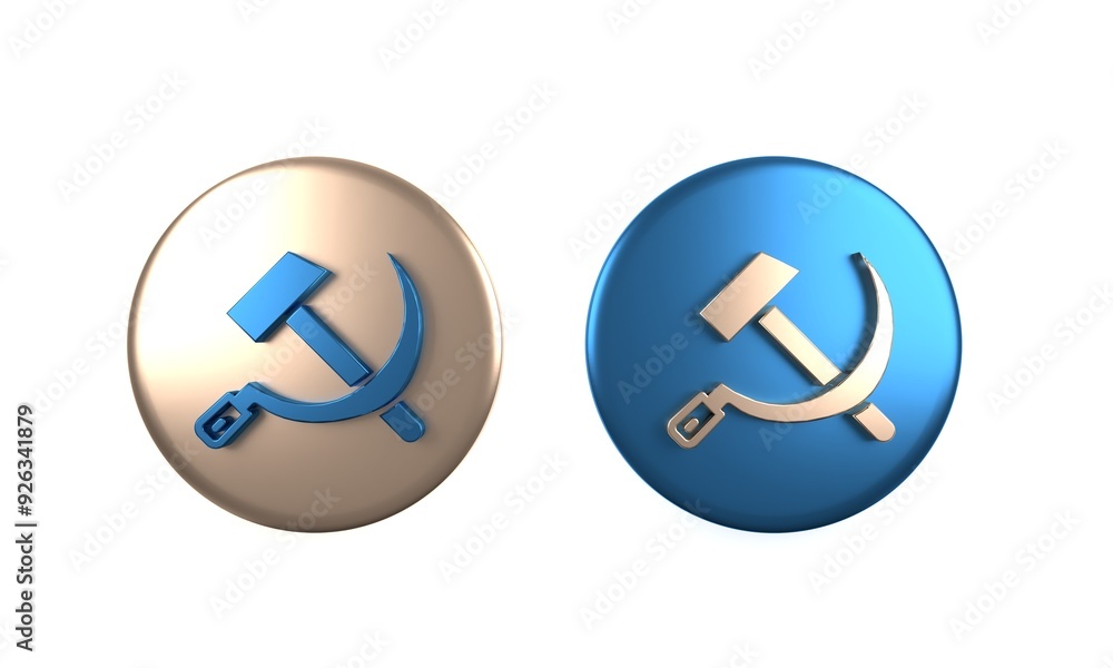 Colorful Hammer and sickle USSR icon isolated on white background. Symbol Soviet Union. Circle button. 3D render illustration Colorful Hammer and sickle USSR icon isolated on white background. Symbol Soviet Union. Circle button. 3D render illustration