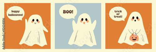 Set of cute and funny groovy ghosts. Cards with ghosts and text bubble. Halloween party.