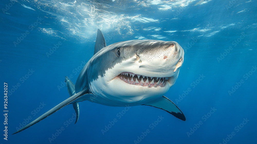 Naklejka premium A fearsome shark glides through the ocean depths, its menacing toothy mouth agape, revealing rows of sharp teeth. --ar 16:9 --v 6.1 Job ID: e228822f-c9f9-479c-a591-e3cfa1b2da02