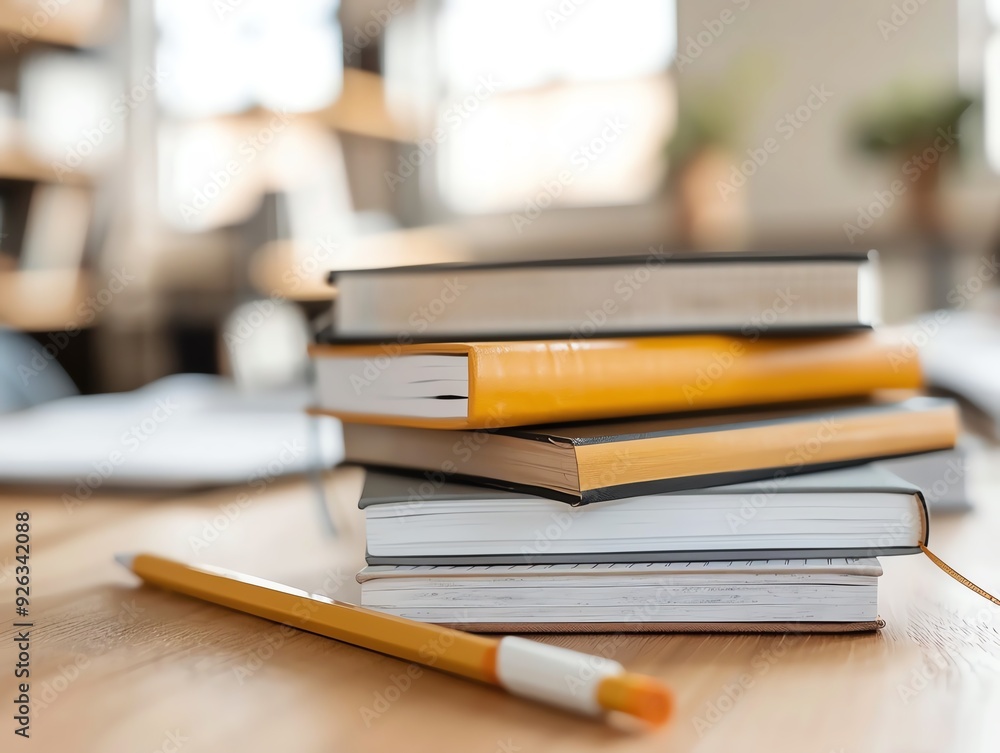 Close-up of a stack of books and a pencil on a wooden table. Close-up of a stack of books and a pencil on a wooden table.