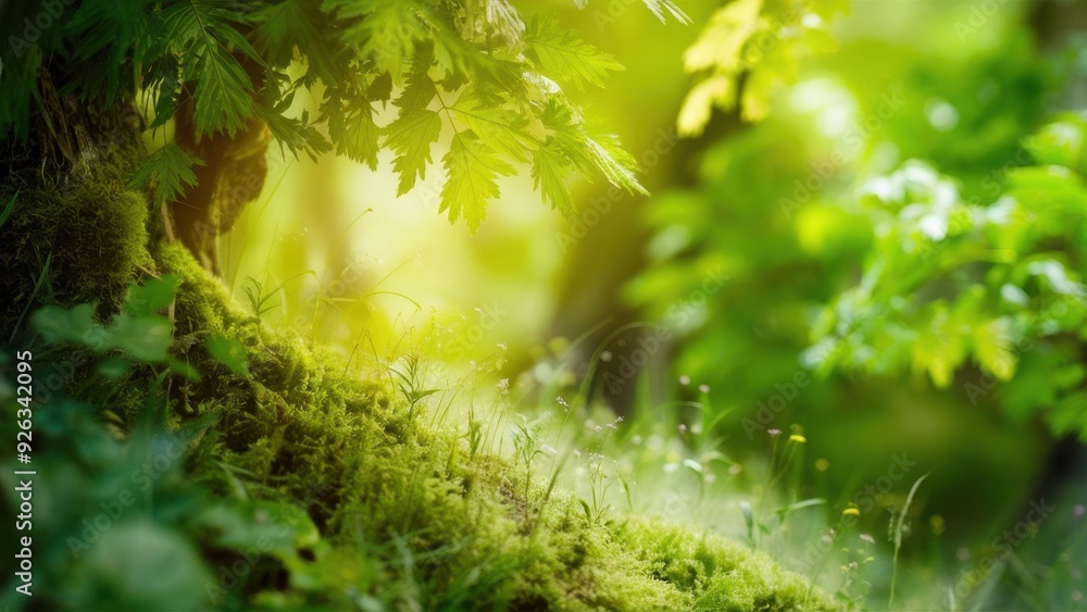 Serene green forest with sunlight shining through trees, creating a peaceful atmosphere and natural beauty, perfect for nature, tranquility, and outdoor scenery concepts Serene green forest with sunlight shining through trees, creating a peaceful atmosphere and natural beauty, perfect for nature, tranquility, and outdoor scenery concepts