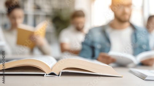 Open book on table with blurred students in library background.