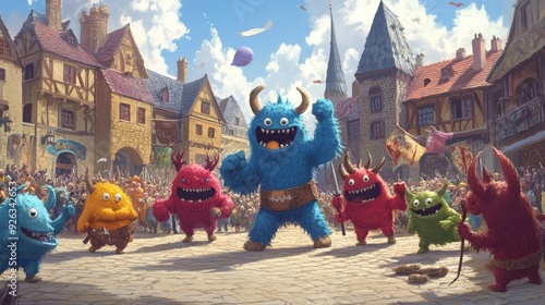 A group of cute monsters playing medieval games in a village square with townsfolk cheering them on