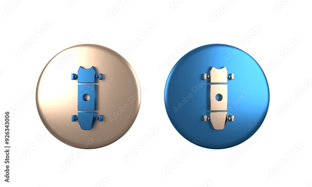 Obraz premium Colorful Longboard or skateboard cruiser icon isolated on white background. Extreme sport. Sport equipment. Circle button. 3D render illustration