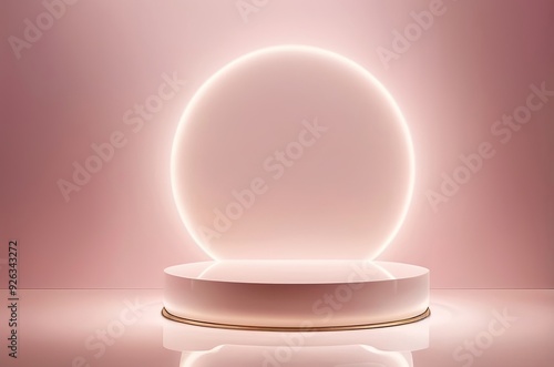 Glossy pearl-colored podium with a soft glow, placed on a light pink background with subtle light reflections for beauty products focused on radiance. Made with generative AI technology