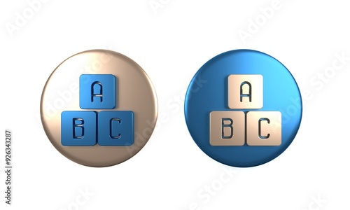 Colorful ABC blocks icon isolated on white background. Alphabet cubes with letters A,B,C. Circle button. 3D render illustration