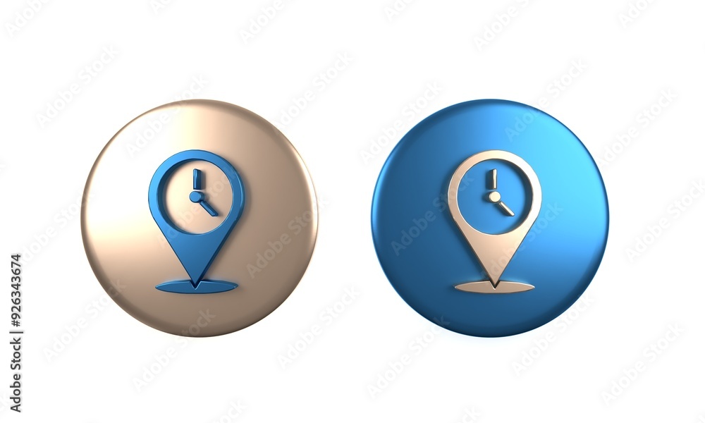 Colorful Location with clock icon isolated on white background. Circle button. 3D render illustration Colorful Location with clock icon isolated on white background. Circle button. 3D render illustration