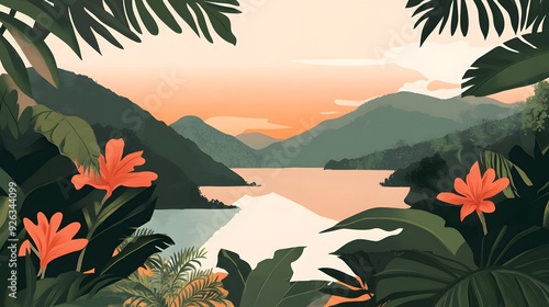 Tropical Sunset Landscape Vector Art, Lake and Mountains, Jungle Leaves and Flowers, Bold Shapes, Flat Design Aesthetic photo