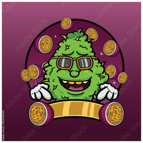 Weed Bud Cartoon With Passion Fruit Flavor. Weed Design For Logo, Label and Packaging Product.