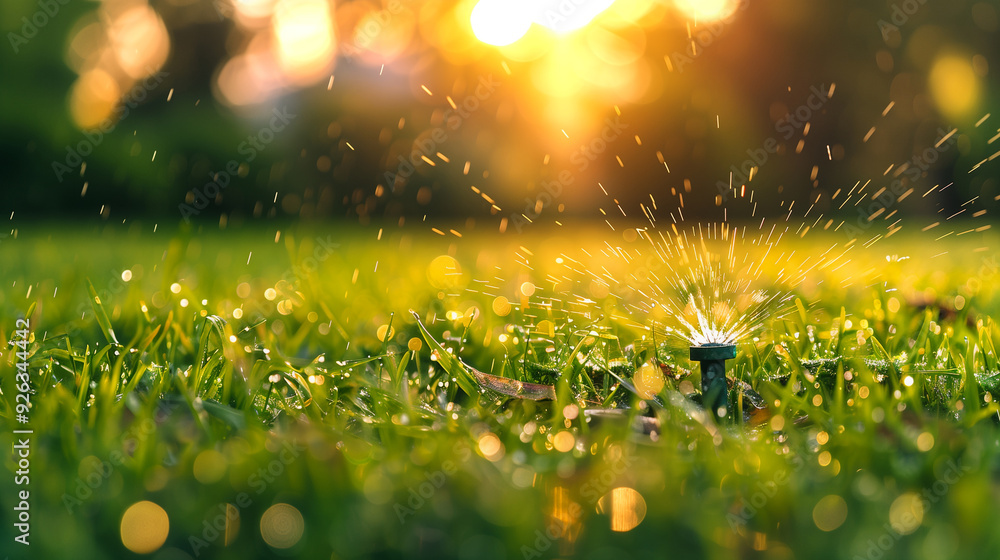 Naklejka premium Close up of water sprinkler irrigation grassland lawn in summer days at sunset. Generative AI