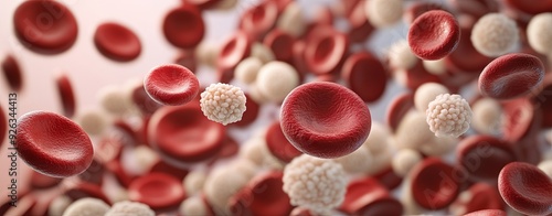 Magnified image of blood cells observed through a microscope, highlighting red and white blood cells in a balanced, realistic composition, with detailed textures and light reflection on the slide,