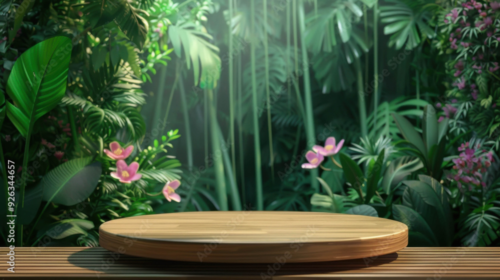Lush tropical jungle setting featuring a wooden platform surrounded by vibrant green foliage and blooming flowers, evoking a sense of natural tranquility.
Lush tropical jungle setting featuring a wooden platform surrounded by vibrant green foliage and blooming flowers, evoking a sense of natural tranquility.