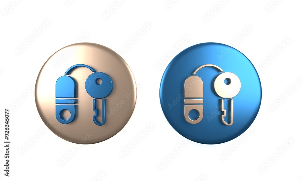 Colorful House with key icon isolated on white background. The concept of the house turnkey. Circle button. 3D render illustration Colorful House with key icon isolated on white background. The concept of the house turnkey. Circle button. 3D render illustration