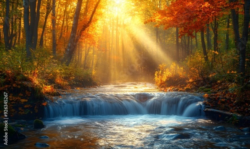 Sunbeams Through Fall Foliage Illuminating Stream With Waterfall