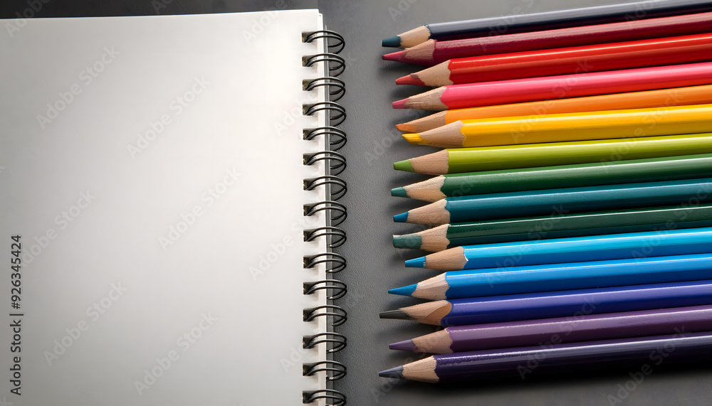 Fototapeta premium set of colored pencils for art class and a sketchbook