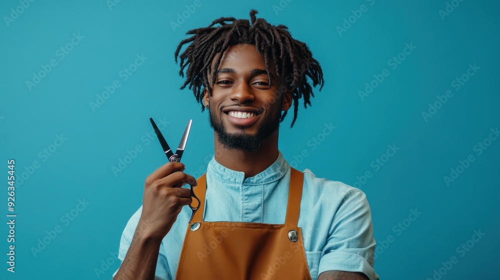 A barber displays a cheerful expression while holding scissors in a stylish hair salon A barber displays a cheerful expression while holding scissors in a stylish hair salon