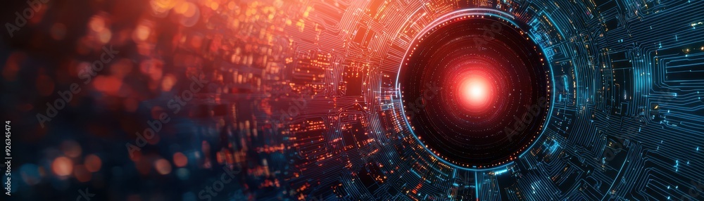 Futuristic digital design showcasing a glowing red core, surrounded by vibrant abstract elements and network patterns. Futuristic digital design showcasing a glowing red core, surrounded by vibrant abstract elements and network patterns.